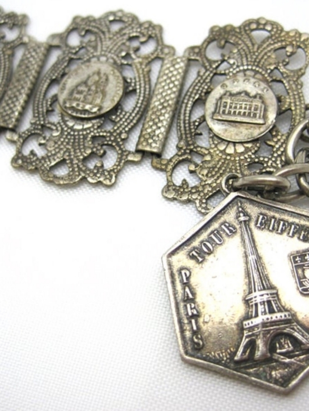 Antique-French Filigree Panel Charm Bracelet - Aged Silver - Picture 3 of 8